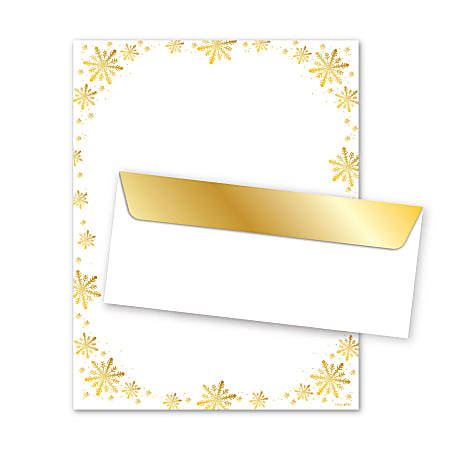 Geo Studios Premium Holiday Letterhead And Envelope Kit, 11" x 8-1/2", Gold Snowflake, Kit Of 48 Pieces
