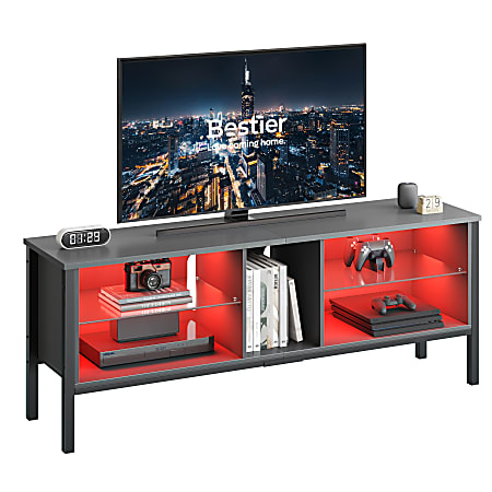 Bestier 63" Gaming TV Stand For 70" TV With LED Light & Modern Glass Shelves, 22-1/16”H x 63”W x 15-3/4”D, Gray