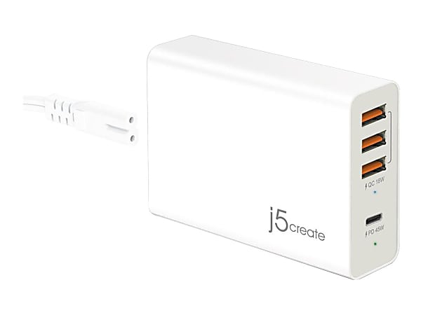 j5create AC 100 63-Watt 4-Port Power Adapter, White,
