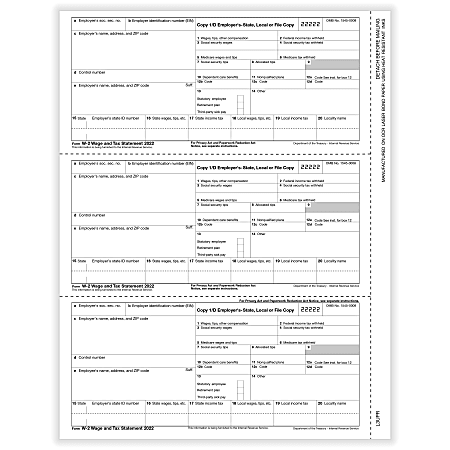 ComplyRight™ W-2 Tax Forms, 3-Up (W-Style), Employer’s Copies 1/D, 1/D, 1/D, Laser, 8-1/2" x 11", Pack Of 50 Forms
