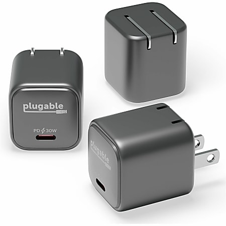 Plugable GaN USB C Charger Block, 30W Portable Charger, Foldable Prongs, 3 Pack - PPS USBC Fast Charger for iPhone 14, iPad Pro, Samsung Galaxy S23 and more (Cable Not Included) - Black, Multipack with three charging blocks