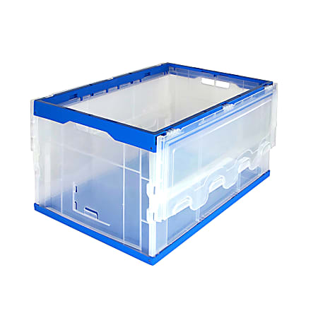 Mount It! Collapsible Plastic Storage Crate With Lid, 65 Liters, 15.25" x 23" x 13", Clear/Blue