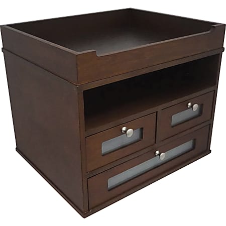Victor Heritage Wood H5500 Tidy Tower Organizer - 3 Compartment(s) - 3 Drawer(s) - 10.8" Height x 12.3" Width x 10.8" Depth - Faux Leather, Frosted Glass, Brushed Metal, Wood - 1 Each