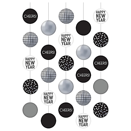 Amscan New Year's Disco Ball Drop Hanging String Decorations, 5' x 8", Black, 5 Decorations Per Pack, Case Of 2 Packs