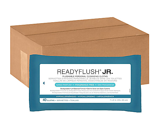 ReadyFlush Flushable Wipes, Unscented, 8" x 7", White, 40 Wipes Per Pack, Case Of 24 Packs