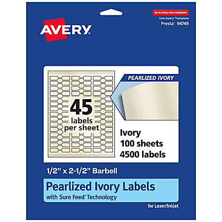 Avery® Pearlized Permanent Labels With Sure Feed®, 94749-PIP100, Barbell, 1/2" x 2-1/2", Ivory, Pack Of 4,500 Labels