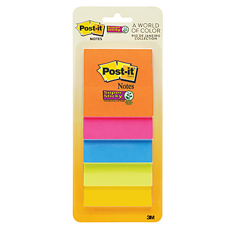 Post-it® Super Sticky Notes, 3" x 3", Rio de Janeiro, Pack Of 5 Pads
