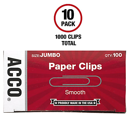 Jumbo 10 packs of 100 Acco Smooth Paper Clips 