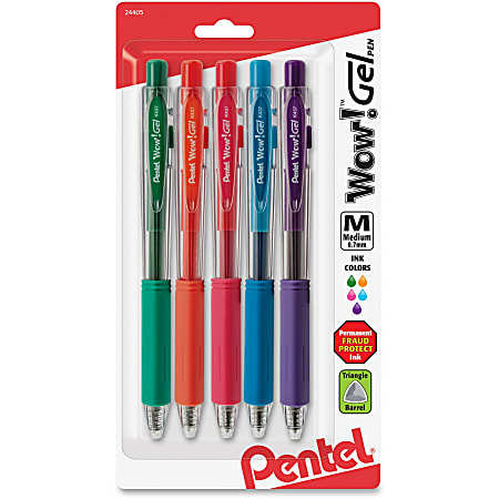 Pentel Wow! Gel Pens - Medium Pen Point - 0.7 mm Pen Point Size - Retractable - Green, Orange, Pink, Sky Blue, Violet Gel-based Ink - Clear Barrel - 5 / Pack