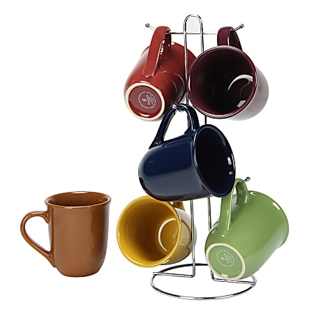 Gibson Home Cafe Amaretto 7-Piece Mug Set With Rack, 15 Oz, Assorted Colors