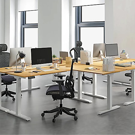 FlexiSpot E7L 76"W L-Shaped Electric Height-Adjustable Standing Desk, Bamboo/White
