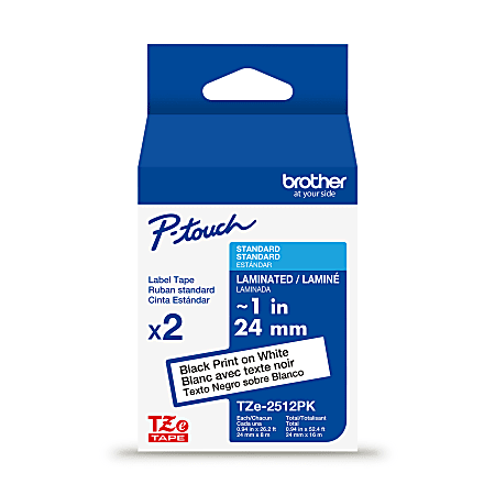 Brother P-touch TZe2512PK, Laminated, ~1" x 26.2 ft (24mm x 8m), Black on White Label Tape