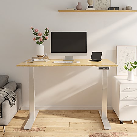 FlexiSpot E7 Electric 55W Height-Adjustable Standing Desk, Bamboo/White