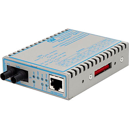 Omnitron FlexPoint 10/100/1000 Gigabit Ethernet Fiber Media Converter RJ45 ST Single-Mode 12km - 1 x 10/100/1000BASE-T; 1 x 1000BASE-LX; No Power Adapter; Lifetime Warranty