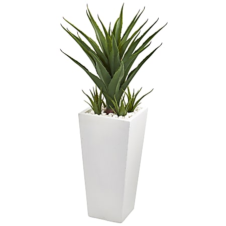 Nearly Natural Spiky Agave 40"H Plastic Artificial Plant With Planter, 40"H x 16"W x 16"D, Green/White