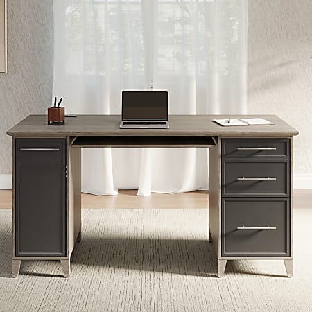 Realspace® Koru 60"W Straight Computer Desk With Integrated Power & Charging, Two-Tone Slate/Gray Oak, BIFMA Compliant