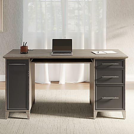 Realspace® Koru 60"W Straight Computer Desk With Integrated Power & Charging, Two-Tone Slate/Gray Oak