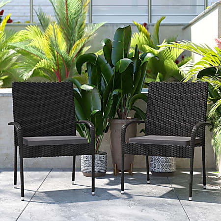 Flash Furniture Maxim Stackable Indoor/Outdoor Wicker Dining Chairs With Padded Seat Cushions, Black/Gray, Set Of 2 Chairs