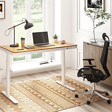 FlexiSpot Q8 Electric 55"W Height-Adjustable Standing Desk, Bamboo/White