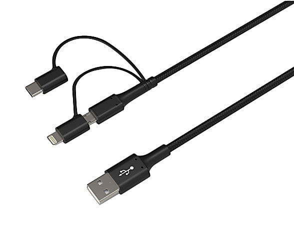 Ativa&reg; 3-in-1 Micro, USB-C &amp; Lightning Cable, 6', Black