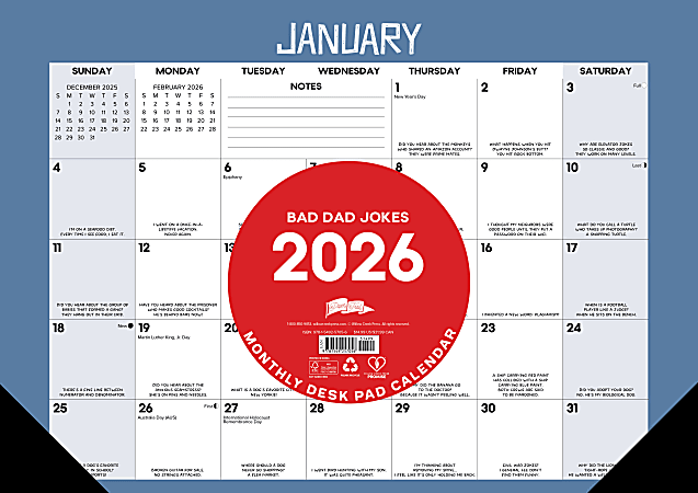 2026 Willow Creek Press Monthly Desk Pad Calendar, 12" x 17", Bad Dad Jokes, January To December, 57056