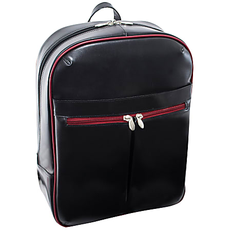 McKleinUSA Edison L Series Leather Laptop Backpack, Black/Red Trim