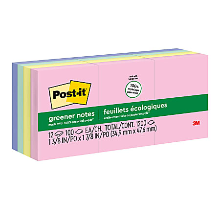 Post-it® Greener Notes, 12 Pads, 1 3/8 in x 1 7/8 in, 100% Recycled, Clean Removal, School Supplies and Office Products, Sticky Notes  - 653RPA