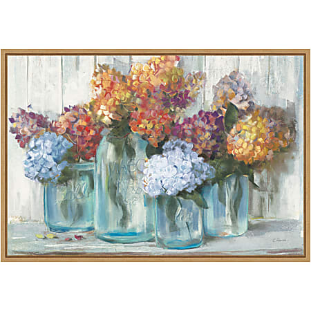 Amanti Art Fall Hydrangeas in Glass Jar Crop by Carol Rowan Framed Canvas Wall Art Print, 16”H x 23”W, Maple