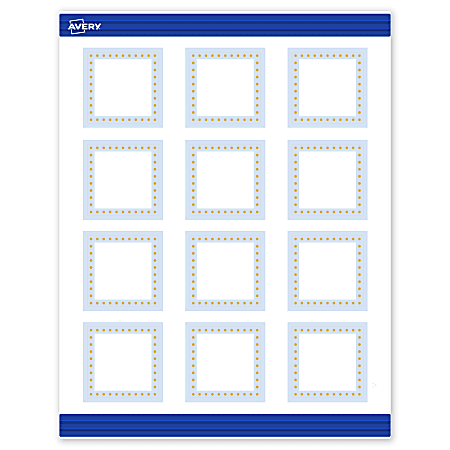 Avery® Print-To-The-Edge Cards With Sure Feed®, S00-DMJ-PRMWC10, 2" x 2", Matte White, Preprinted Blue Border with Gold Dots Design, Pack Of 120