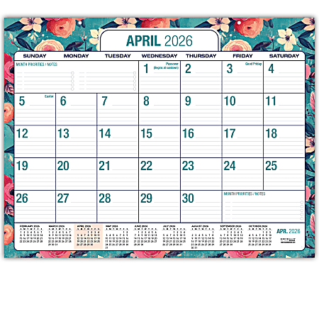 2026-2027 Excello Brands Academic Year Large Print Desk Pad Calendar, 22" x 17", Teal Floral, April To December, Total Qty 1