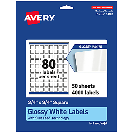 Avery® Glossy Permanent Labels With Sure Feed®, 94102-WGP50, Square, 3/4" x 3/4", White, Pack Of 4,000