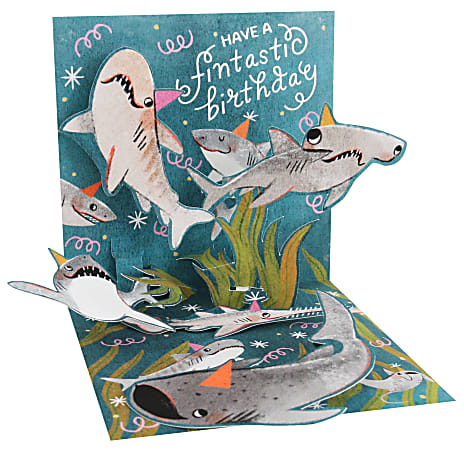 Up With Paper Summer Pop-Up Greeting Card With Envelope, Half Fold, 5-1/4" x 5-1/4", Sharks