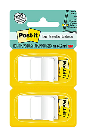 Post-it® Flags, 1" x 1 -11/16", White, 50 Flags Per Pad, Pack Of 2 Pads