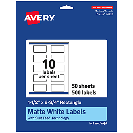 Avery® Permanent Labels With Sure Feed®, 94230-WMP50, Rectangle, 1-1/2" x 2-3/4", White, Pack Of 500