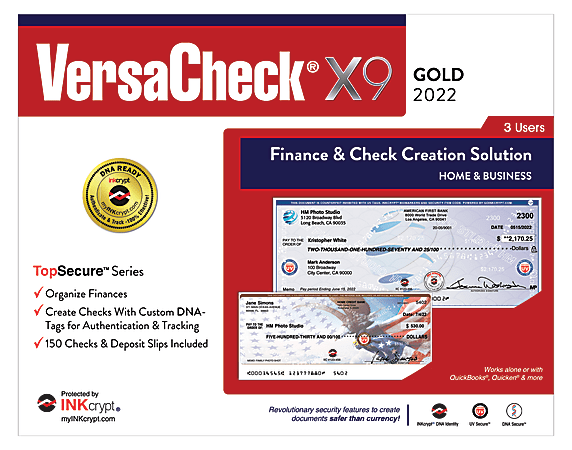 VersaCheck® X9 INKcrypt® Gold TopSecure™ Series, 3 Users, 2022, For Windows®, Disc/Download