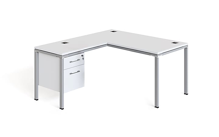 Boss Office Products Simple System Workstation L-Desk With Return & Pedestal, 66”H x 66”W x 29-1/2”D, White