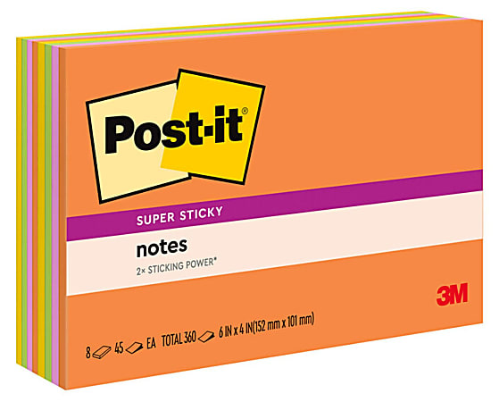 Post-it Super Sticky Notes, 6 in x 4 in, 8 Pads, 45 Sheets/Pad, 2x the Sticking Power, Energy Boost Collection