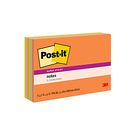Post-it® Super Sticky Notes, 8 Pads, 6 in x 4 in, 2x the Sticking Power, School Supplies and Office Products, Sticky Notes  - 6445SSP