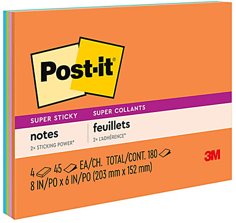 Post-it Super Sticky Notes, 8 in x 6 in, 4 Pads, 45 Sheets/Pad, 2x the Sticking Power, Energy Boost Collection