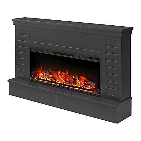 Ameriwood Home Hathaway Wide Shiplap Mantel With Linear Electric Fireplace And Storage Drawers, 37-3/4"H x 64"W x 13-1/4"D, Black