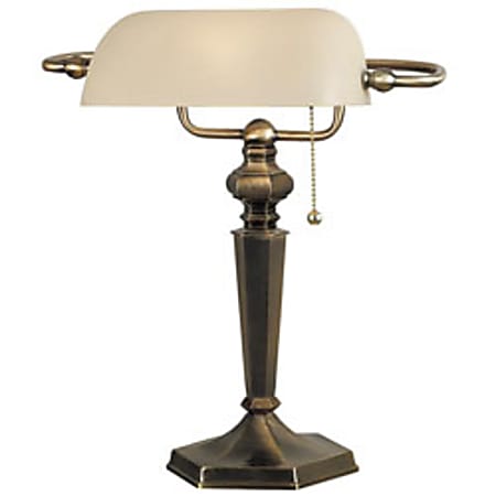 Kenroy Mackinley Banker Table Lamp, 15"H, Golden Bronze Finish/Cream Glass Shade