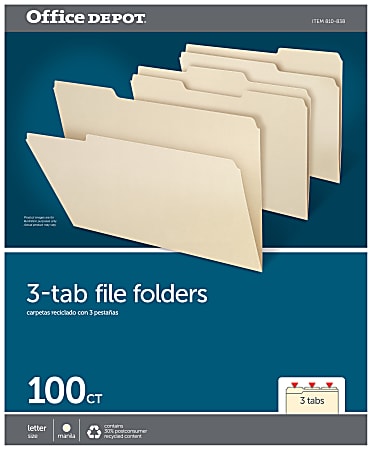 OD753 1/3-1 Legal Size Office Depot File Folders Left Position Manila Pack of 100 1/3 Tab Cut 30% Recycled 