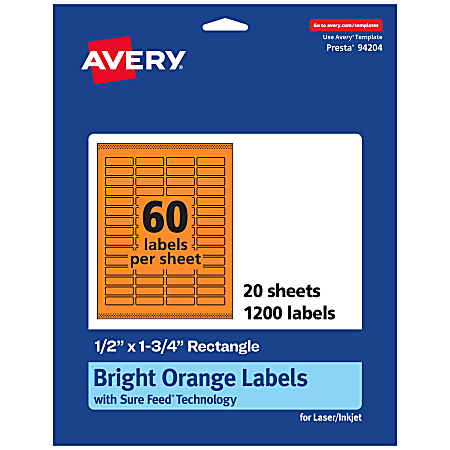 Avery® Print-To-The-Edge Labels With Sure Feed® Technology And Easy Peel®, 94204-BOP20, Rectangle, 1/2" x 1-3/4", Matte Bright Orange, Pack of 1200