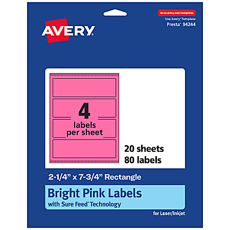Avery® Print-To-The-Edge Labels With Sure Feed® Technology, 94244-BPP20, Rectangle, 2-1/4" x 7-3/4", Matte Bright Pink, Pack of 80