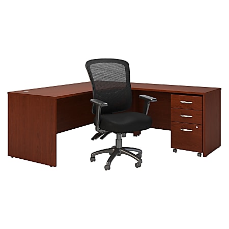 Bush Business Furniture Components 72"W L-Shaped Desk With Mobile File Cabinet And High-Back Multifunction Office Chair, Mahogany, Premium Installation