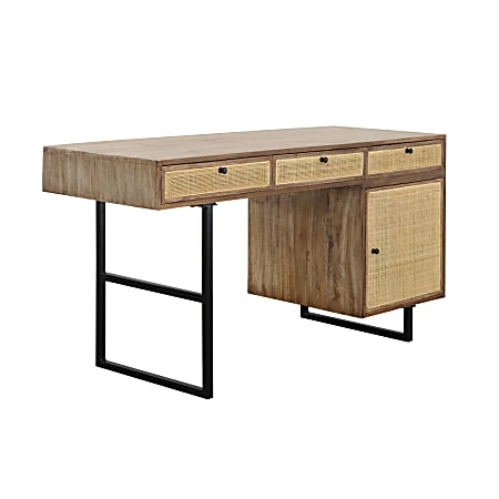 Coast to Coast Waylon Contemporary Solid Mango Wood And Iron 58"W Rectangle 1-Door 3-Drawer Writing Desk, Raffie Brown/Rattan