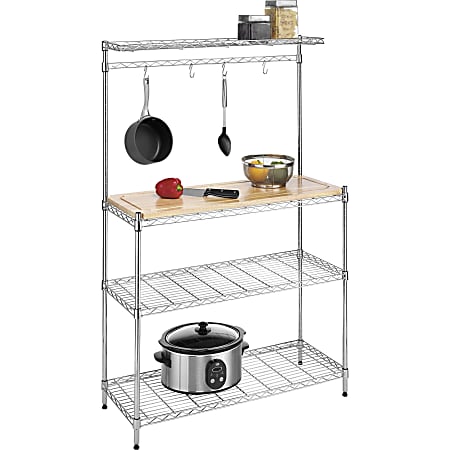 Whitmor Supreme Bakers Rack, 55.25"H x 14"W x 36.25"L, Floor, Durable, Sturdy, Hanging Hook, Chrome, Steel, Wood, 1