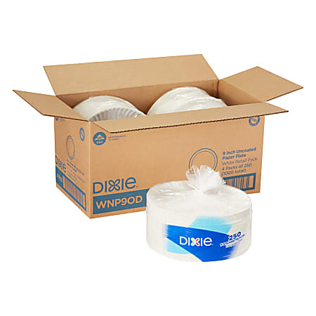 Dixie® 9" Uncoated Paper Plates, White, 1000 Count (250 Plates Per Pack, 4 Packs Per Case)