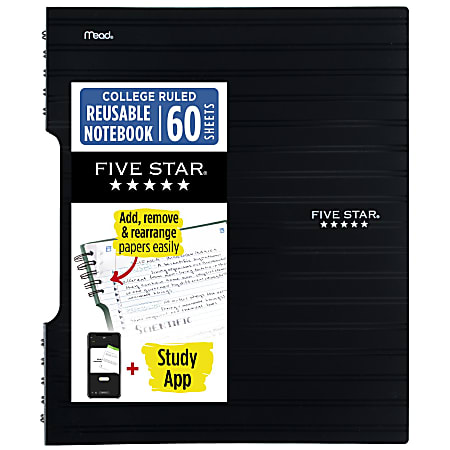 Five Star® Reusable Notebook Plus Study App, College Ruled, 8 1/2" x 11", Black