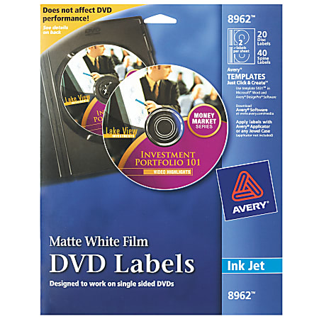 Avery® Film DVD Labels, 8962, Round, 4-13/20" Diameter, White, 20 Disc Labels And 40 Spine Labels